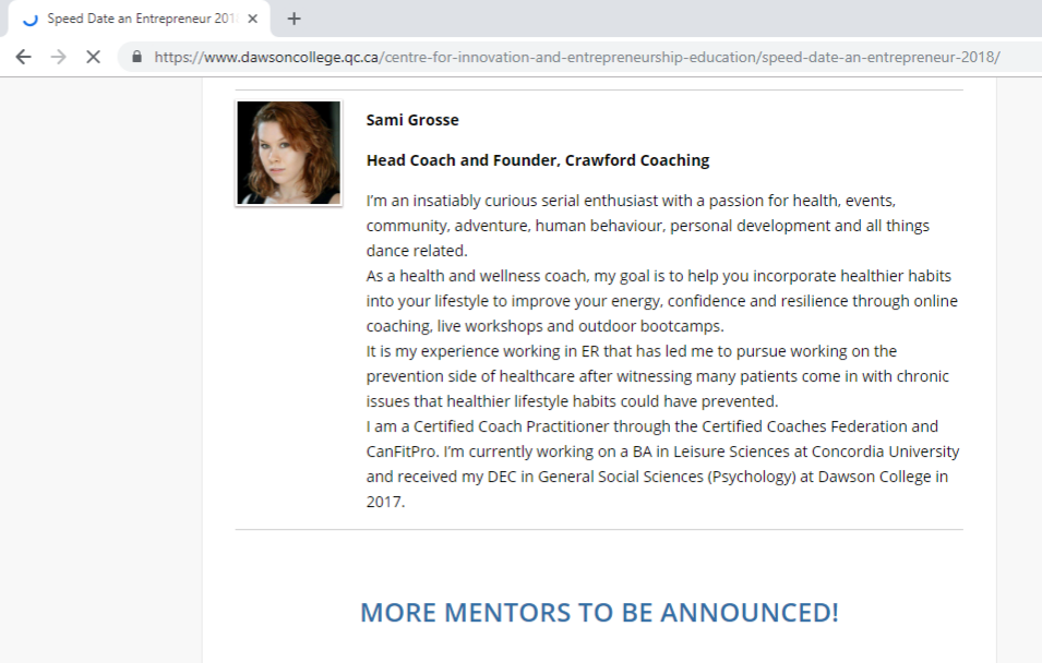 Entrepreneurship mentor at Dawson College's Eweek 2018.